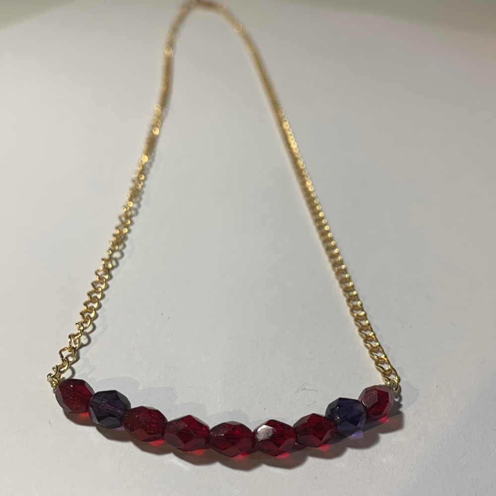 Gold Necklace with Red and Purple Beaded Bar  20 Inches